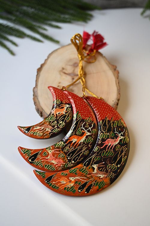 Kashmiri Art Xmas Decorations - Red Forest (Set Of 9)