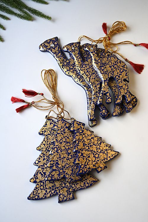 Kashmiri Art Xmas Decorations - Navy Chinar (Set Of 6)