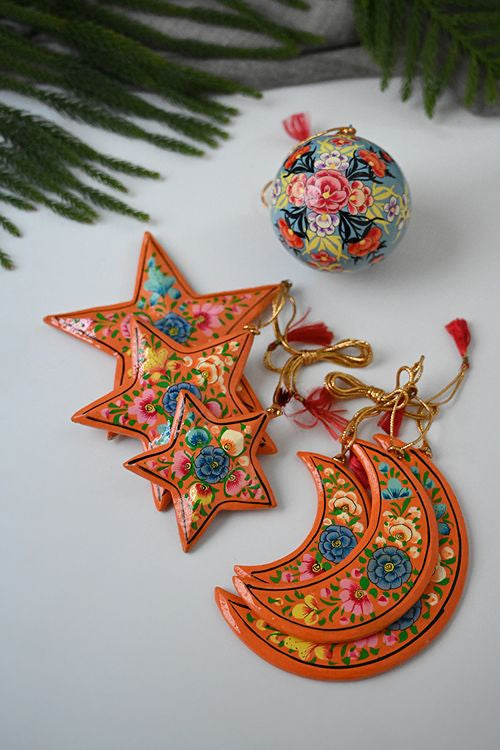 Kashmiri Art Xmas Decorations - Orange Florals (Set Of 13)
