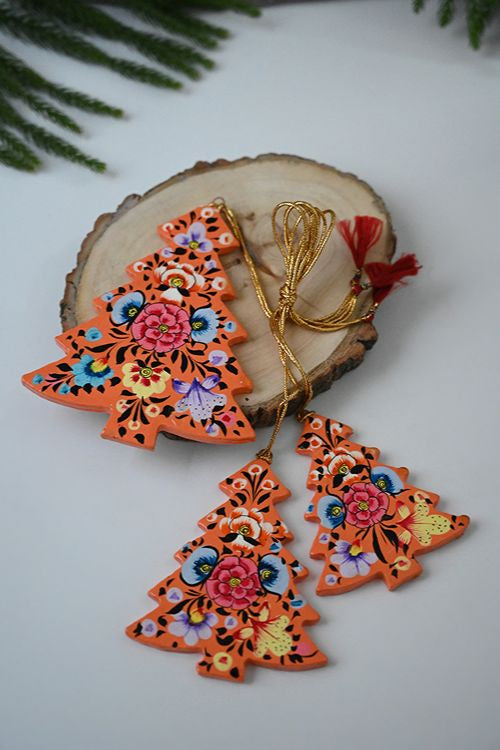 Kashmiri Art Xmas Decorations - Orange Florals (Set Of 13)
