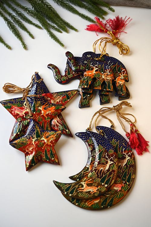 Kashmiri Art Xmas Decorations - Blue & Red Forests (Set Of 9)