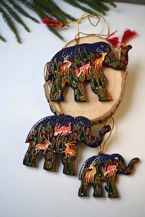 Kashmiri Art Xmas Decorations - Blue & Red Forests (Set Of 9)