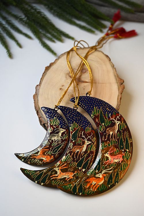 Kashmiri Art Xmas Decorations - Blue & Red Forests (Set Of 9)