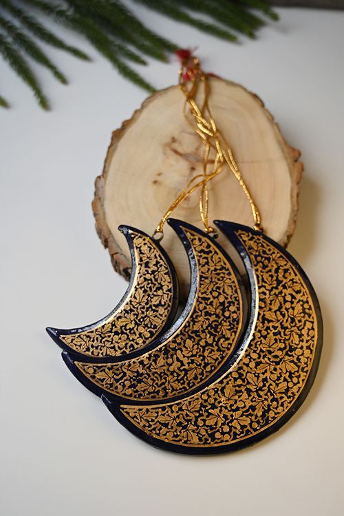 Kashmiri Art Xmas Decorations - Black & Gold Medley (Set Of 9)