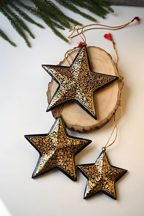 Kashmiri Art Xmas Decorations - Black & Gold Medley (Set Of 9)