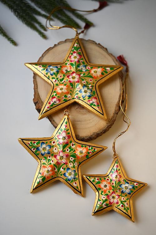 Kashmiri Art Xmas Decorations - Gold Stars (Set Of 9)