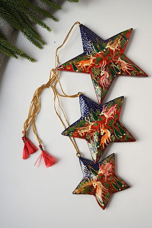 Kashmiri Art Xmas Decorations - Blue & Red Forests (Set Of 6)