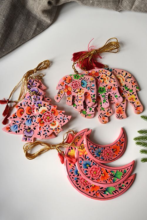 Kashmiri Art Xmas Decorations - Pink Ornaments (Set Of 9)