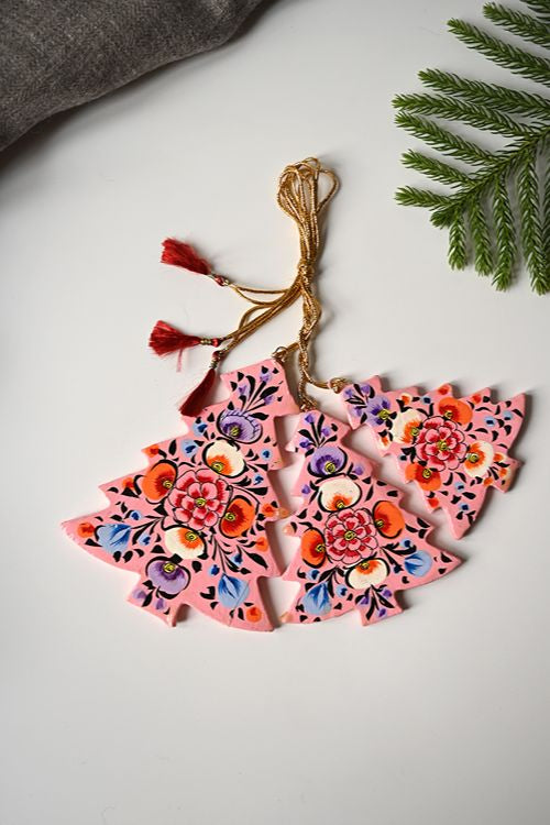Kashmiri Art Xmas Decorations - Pink Ornaments (Set Of 9)