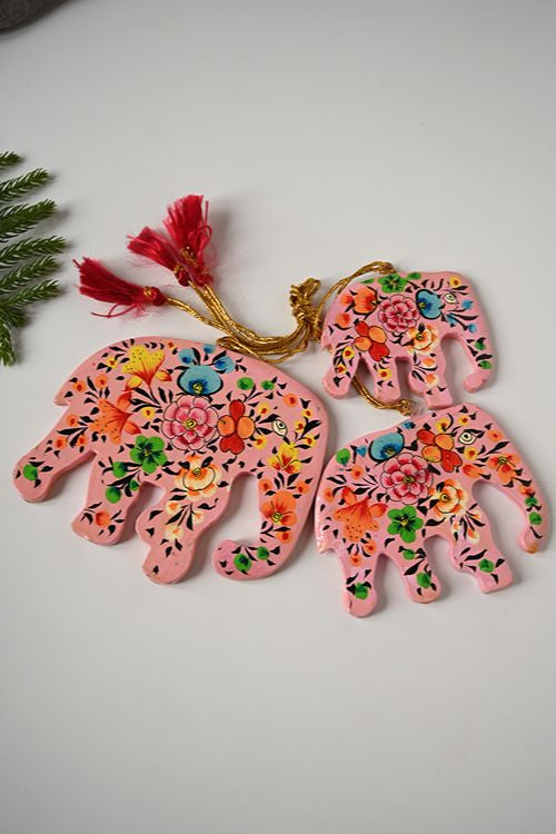 Kashmiri Art Xmas Decorations - Pink Ornaments (Set Of 9)