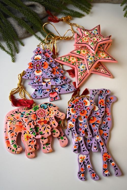 Kashmiri Art Xmas Decorations - Pink & Mauve Rhapsody (Set Of 12)