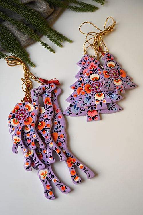 Kashmiri Art Xmas Decorations - Pink & Mauve Rhapsody (Set Of 12)