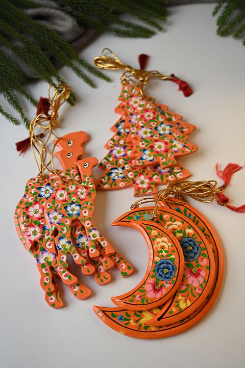 Kashmiri Art Xmas Decorations - Orange Flora (Set Of 9)