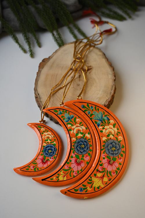 Kashmiri Art Xmas Decorations - Orange Flora (Set Of 9)