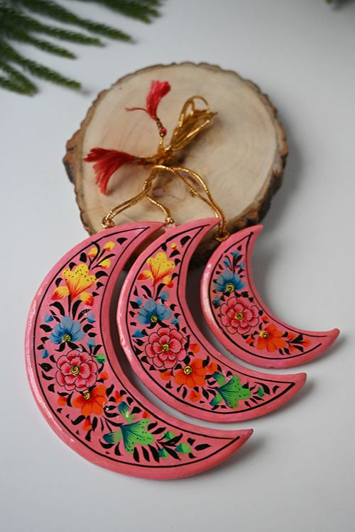 Kashmiri Art Xmas Decorations - Pink & Orange Flora (Set Of 9)