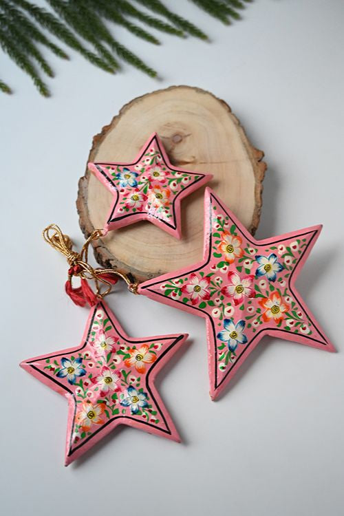 Kashmiri Art Xmas Decorations - Pink & Mauve Flora (Set Of 9)