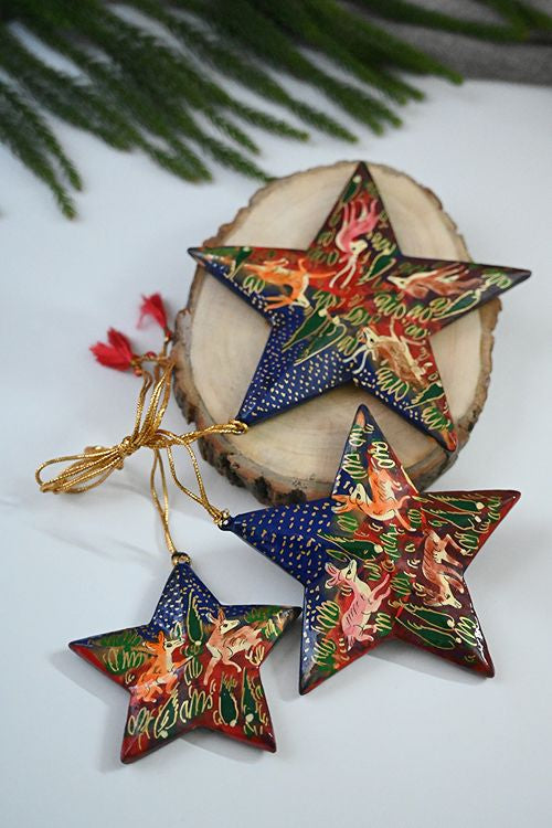 Kashmiri Art Xmas Decorations - Blue Red Forests (Set Of 9)