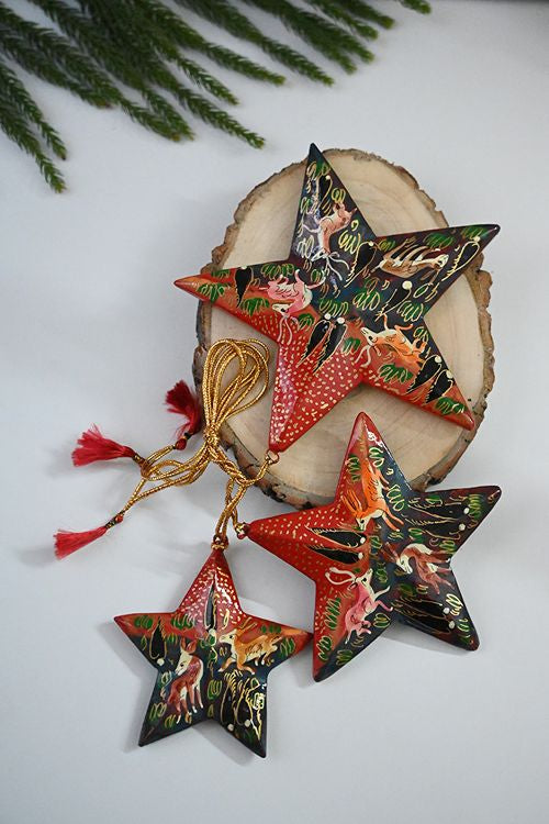 Kashmiri Art Xmas Decorations - Forests & Stars (Set Of 6)