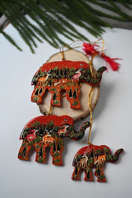 Kashmiri Art Xmas Decorations - Red Forests (Set Of 9)
