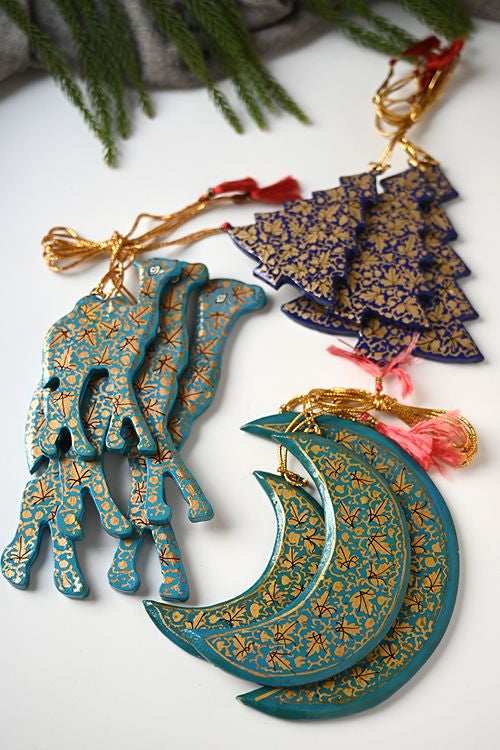 Kashmiri Art Xmas Decorations - Blue Rhapsody (Set Of 9)
