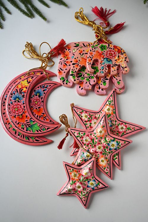 Kashmiri Art Xmas Decorations - Pink Floral Medley (Set Of 9)