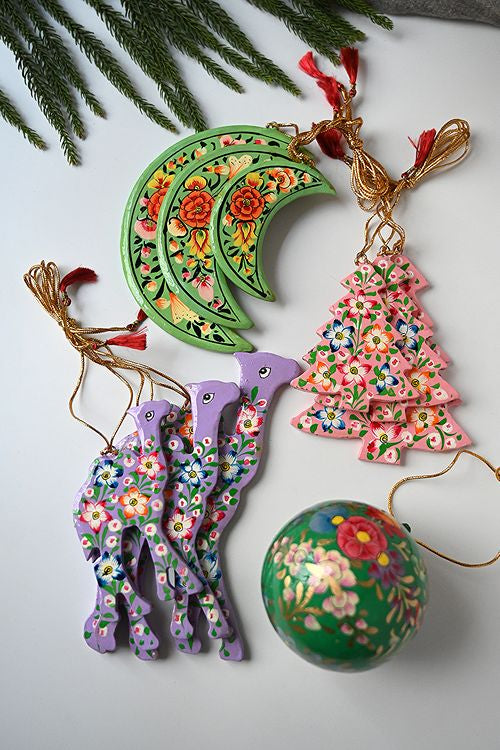 Kashmiri Art Xmas Decorations - Mauve & Green Flora (Set Of 10)