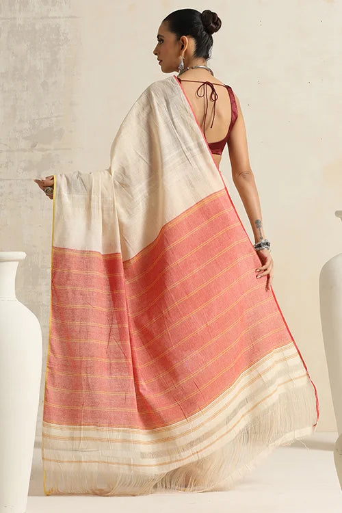 Punarjeevana Organic Off White Body Red Yellow Narrow Border Reversible Dhotra Saree