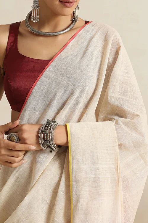 Punarjeevana Organic Off White Body Red Yellow Narrow Border Reversible Dhotra Saree