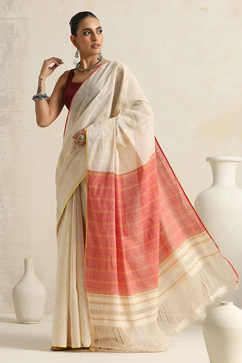 Punarjeevana Organic Off White Body Red Yellow Narrow Border Reversible Dhotra Saree