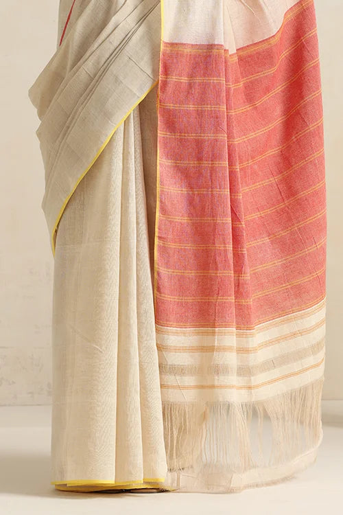 Punarjeevana Organic Off White Body Red Yellow Narrow Border Reversible Dhotra Saree
