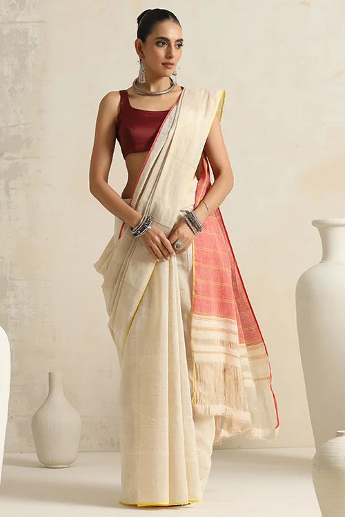 Punarjeevana Organic Off White Body Red Yellow Narrow Border Reversible Dhotra Saree
