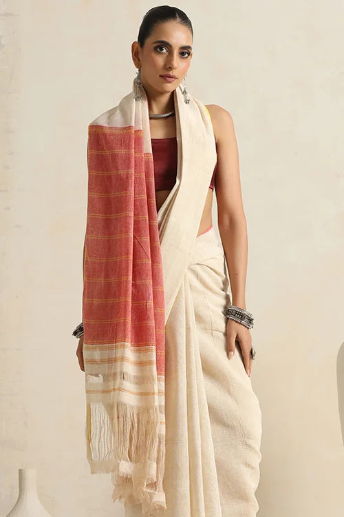 Punarjeevana Organic Off White Body Red Yellow Narrow Border Reversible Dhotra Saree