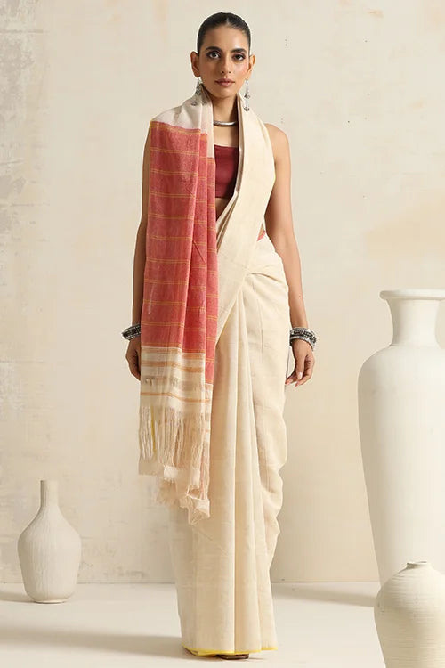 Punarjeevana Organic Off White Body Red Yellow Narrow Border Reversible Dhotra Saree