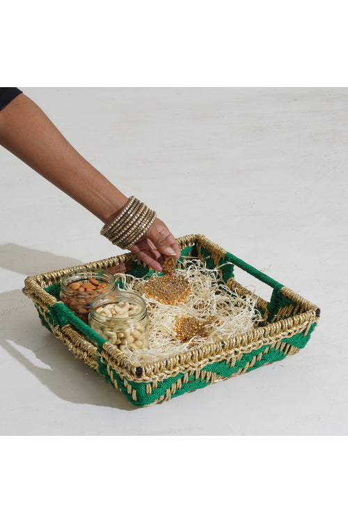 Sirohi Handwoven Multipurpose Tray | Mehndi | Green & Gold