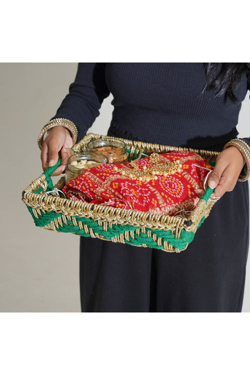 Sirohi Handwoven Multipurpose Tray | Mehndi | Green & Gold