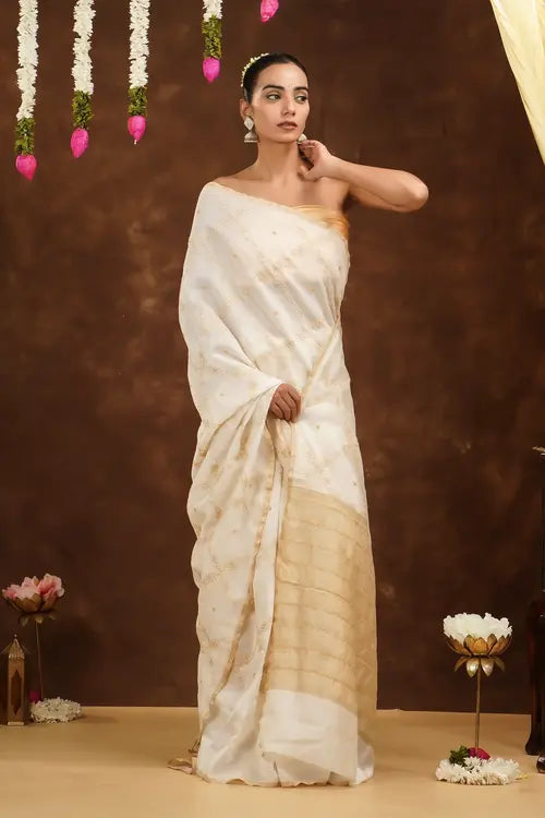 Shwet Women Hand Embroidered Chikankari Off-White Chanderi Saree