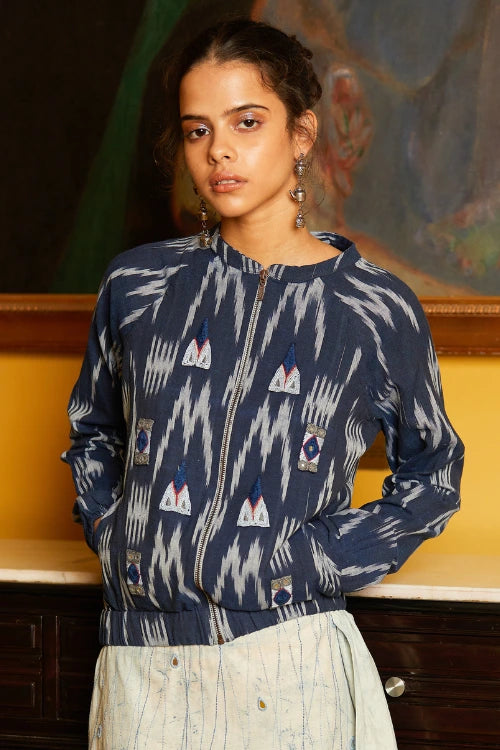 Okhai 'Rain Dance' Hand Embroidered Mirror Work Pure Cotton Ikat Jacket