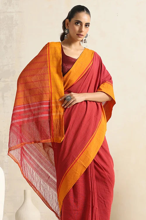 Punarjeevana Red Body Mustard Border Reversible Patteda Anchu