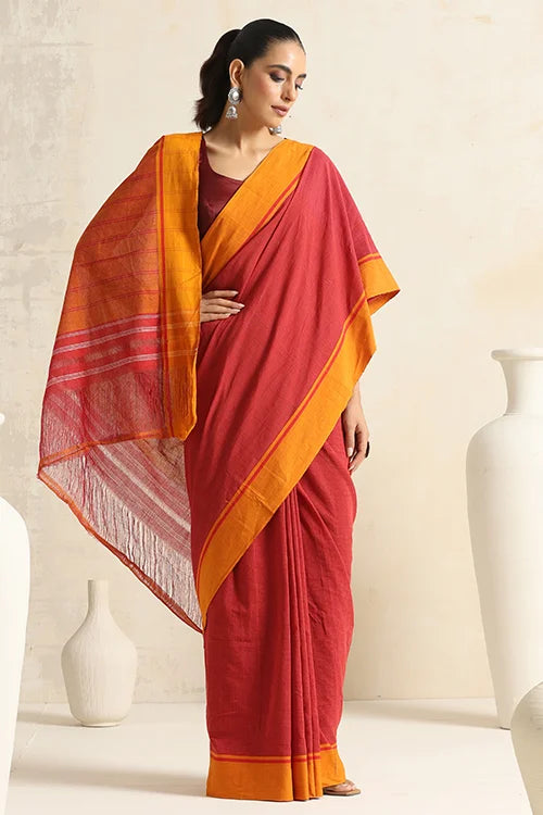 Punarjeevana Red Body Mustard Border Reversible Patteda Anchu