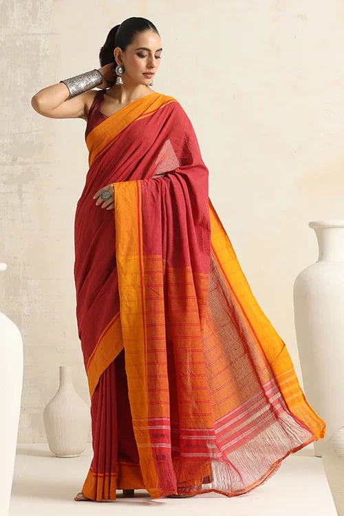 Punarjeevana Red Body Mustard Border Reversible Patteda Anchu