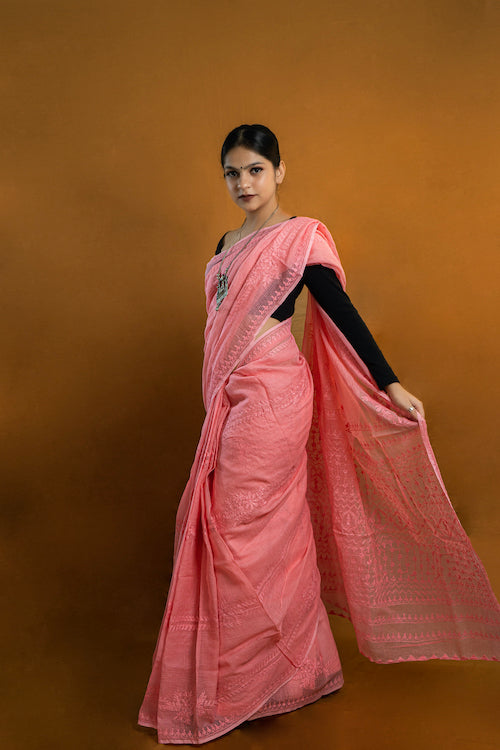 Shwet Pastel Hues Chikankari Kota Cotton Pink Saree Online