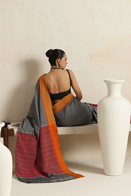 Punarjeevana Ganga Jamuna Red-Mustard Border Reversible Patteda Anchu