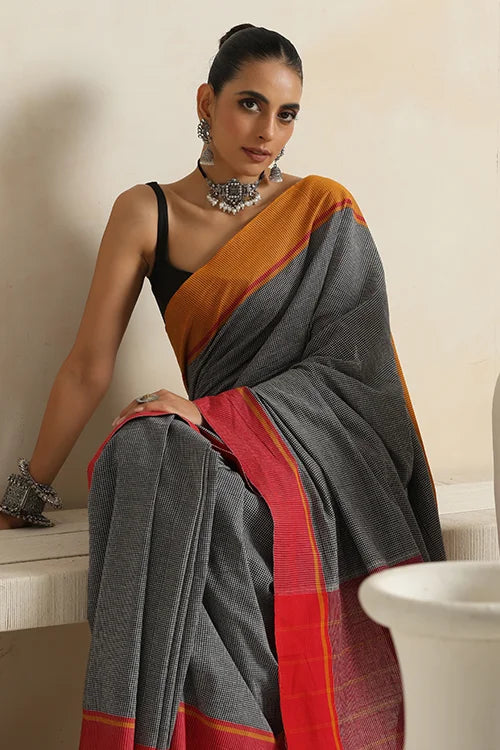 Punarjeevana Ganga Jamuna Red-Mustard Border Reversible Patteda Anchu