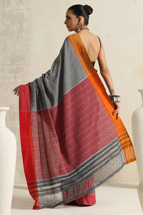 Punarjeevana Ganga Jamuna Red-Mustard Border Reversible Patteda Anchu