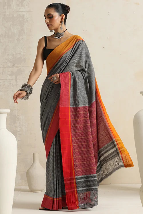 Punarjeevana Ganga Jamuna Red-Mustard Border Reversible Patteda Anchu