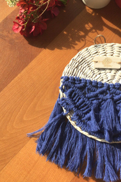 Pine Cone Santorini Blue Macrame Basket Wall Decor