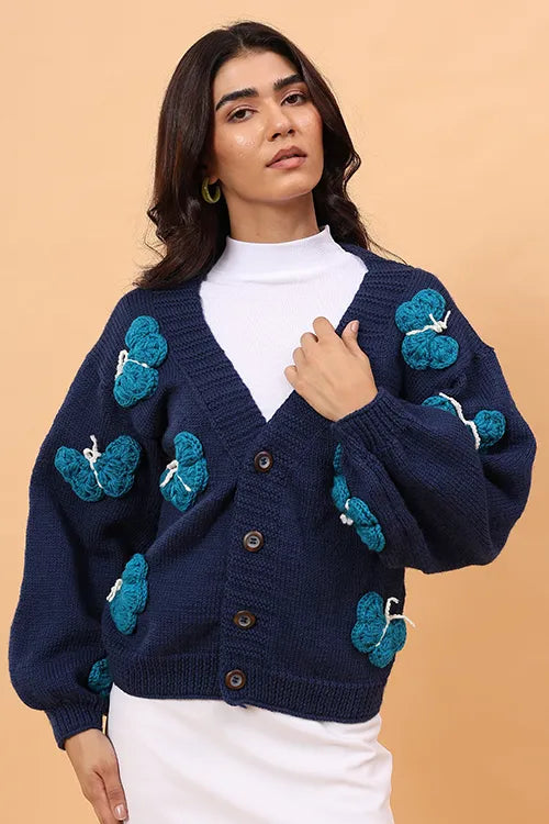 Ajoobaa "Butterfly" Handknitted Merino Sweater - Blue