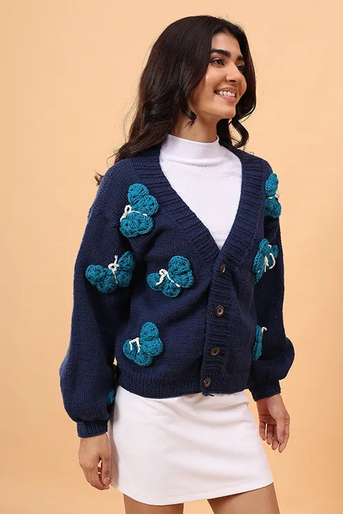 Ajoobaa "Butterfly" Handknitted Merino Sweater - Blue