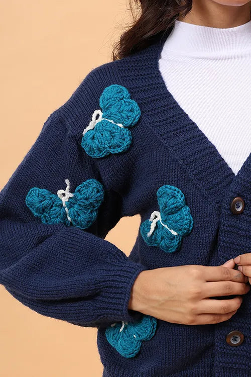 Ajoobaa "Butterfly" Handknitted Merino Sweater - Blue