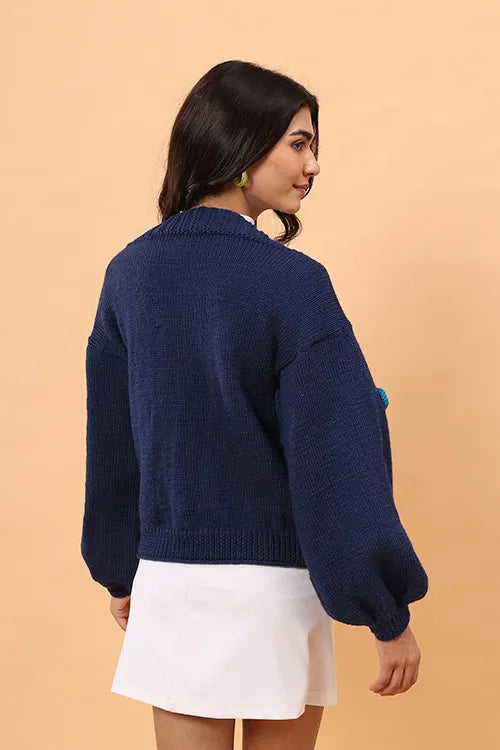 Ajoobaa "Butterfly" Handknitted Merino Sweater - Blue